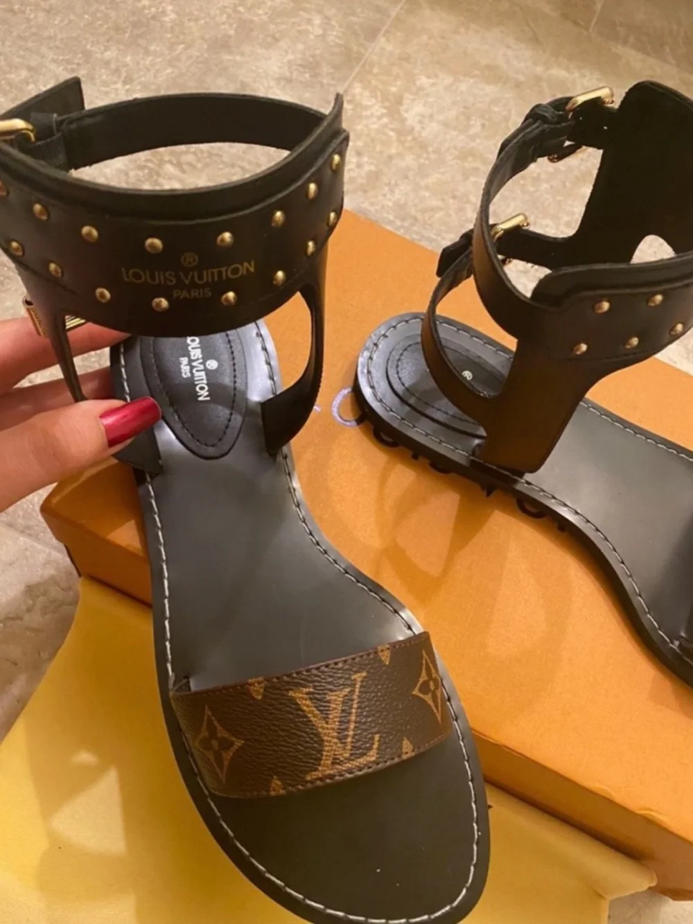 Louis Vuitton Brown Monogram and Black Studded Ankle-Strap Sandals with box - Picture 2 of 4